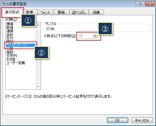 パーセント表示で小数点以下の桁数を指定