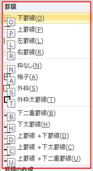 アクセスキーで選択できる罫線の種類