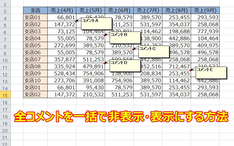 エクセル コメント メモ を一括で非表示にする エクセルtips