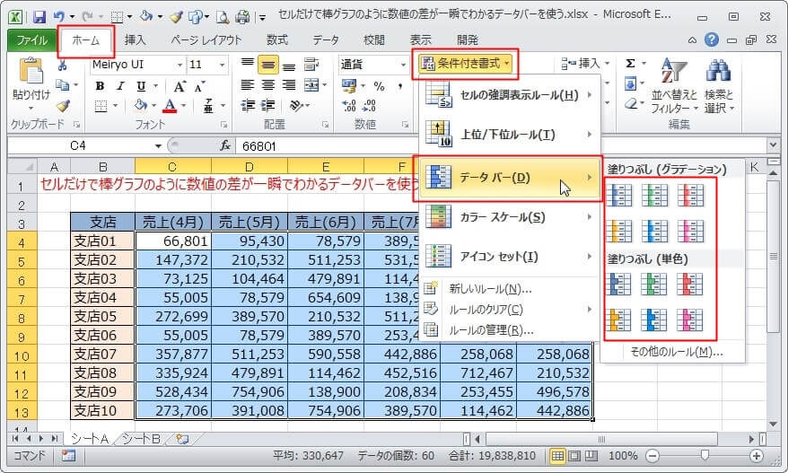 セルだけで数値をグラフ化できるデータバーを条件付き書式から使う エクセルtips