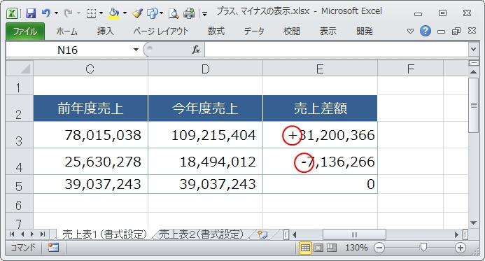 エクセルの数字にプラス マイナスの記号を表示させる エクセルtips