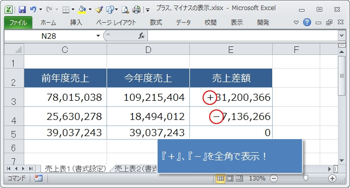 プラス記号『＋』、マイナス記号『ー』を全角にする